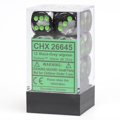 d6 Cube 16mm Gemini Black and Grey with Green (12) d6 Cube 16mm Gemini Black and Grey with Green (12)