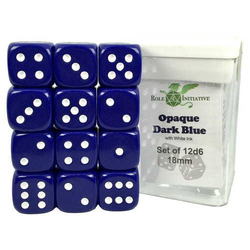 d6 Cube 18mm Opaque Dark Blue with White with pips (12) d6 Cube 18mm Opaque Dark Blue with White with pips (12)