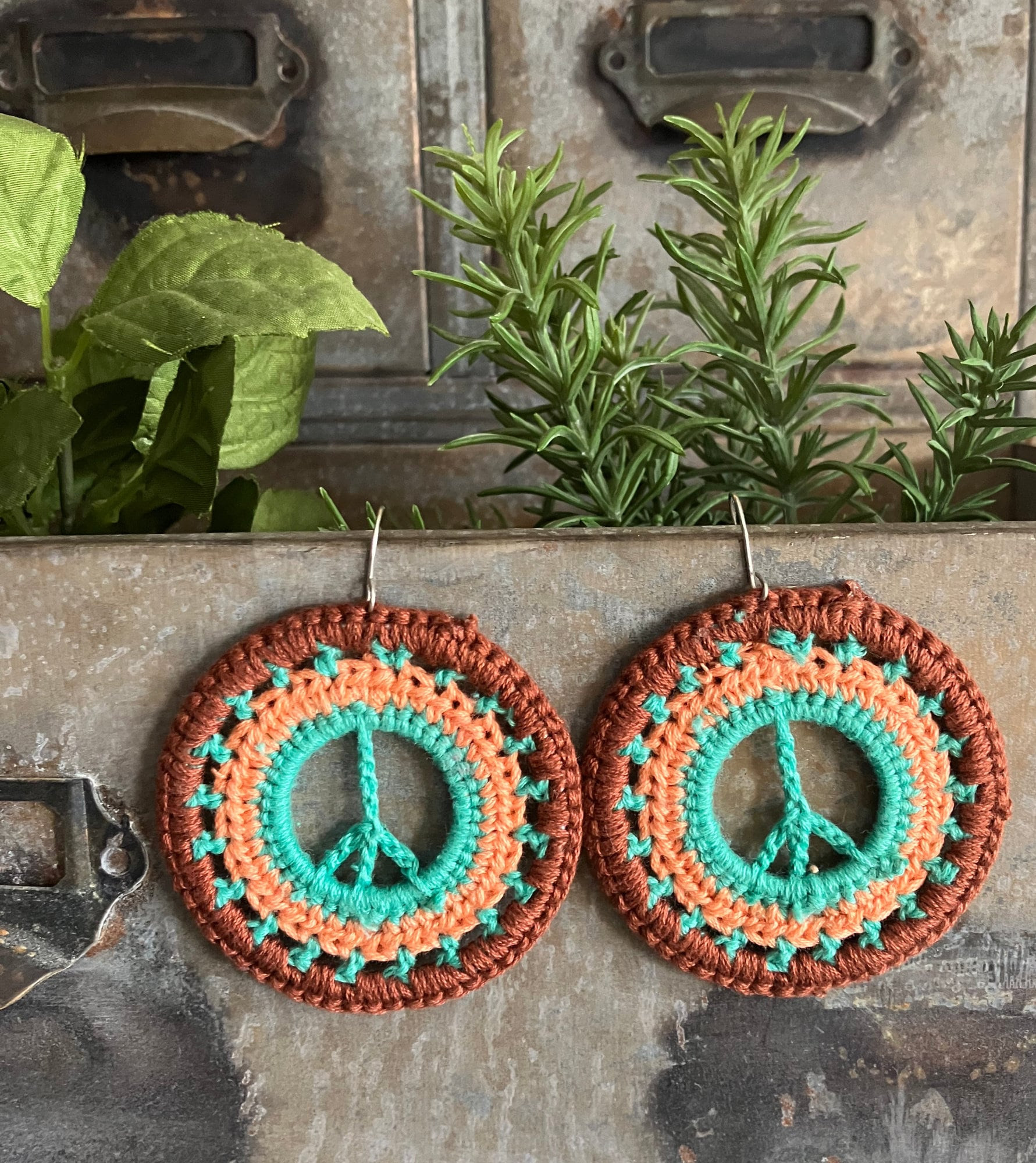 Round Crochet Peace Sign Hippie Earrings Boho Earrings, 70's