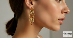 Amber Swarovski Rhinestone Filigree Pendant Earrings worn on model Amber Swarovski Rhinestone Filigree Pendant Earrings worn on model