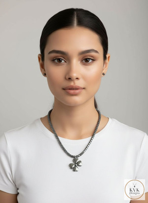 Dogwood Hematite Necklace worn on model front view