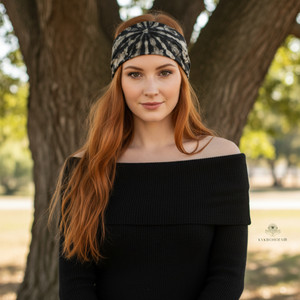 Our model wearing our Black & Tan Tie Dye Headwrap standing by a tree outside Our model wearing our Black & Tan Tie Dye Headwrap standing by a tree outside