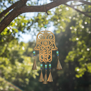 Boho Hamsa Hand Wind Chime hanging from a tree branch outside Boho Hamsa Hand Wind Chime hanging from a tree branch outside