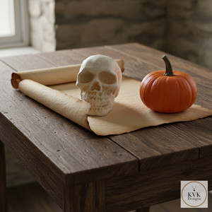 Cast Iron Human Skull Replica shown as paperweight sitting on a piece of old parchment paper with a small pumpkin Cast Iron Human Skull Replica shown as paperweight sitting on a piece of old parchment paper with a small pumpkin