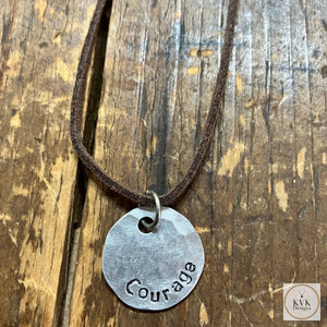Silver Hammered Disc Pendant Necklace with 'COURAGE' Stamping