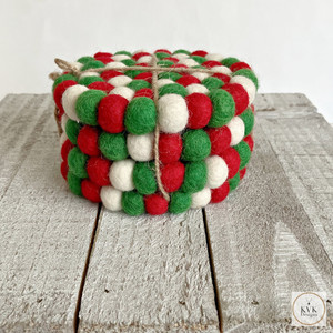 Red & Green Christmas Felt Ball Coasters Set of 4 - Wool Coasters - Fabric Coasters - Fair Trade - Handmade Coasters - Holiday Gift
