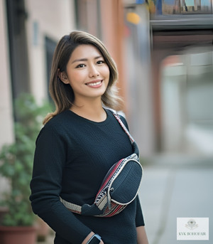 Model wearing Black Boho Hemp Fanny Pack Model wearing Black Boho Hemp Fanny Pack