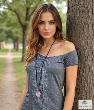 Handcrafted Amethyst Point Pendant on our model Handcrafted Amethyst Point Pendant on our model