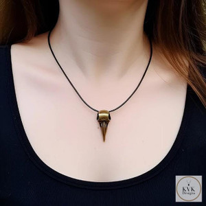 Model wearing Brass Crow Skull Necklace Pendant Model wearing Brass Crow Skull Necklace Pendant