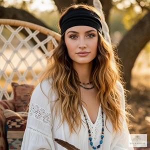 Black Boho Ribbed Headband: Wide Cotton Yoga Headband worn by model Black Boho Ribbed Headband: Wide Cotton Yoga Headband worn by model