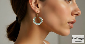Elegant Freshwater Pearl and Green Silk Woven Hoop Earrings worn on our model Elegant Freshwater Pearl and Green Silk Woven Hoop Earrings worn on our model