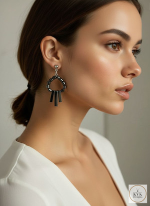 Hematite Paddle Dangle Earrings worn on model