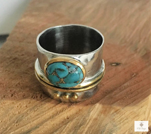 Turquoise Hammered Silver Band Ring - Front