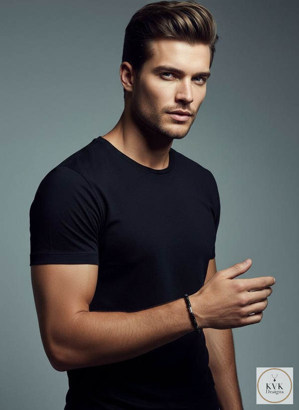 Men's Magnetic Hematite Cylinder Bead Bracelet worn on model