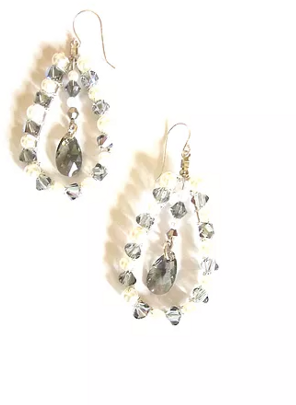 Silver Jet and Pearl Swarovski Crystal Pear Earrings