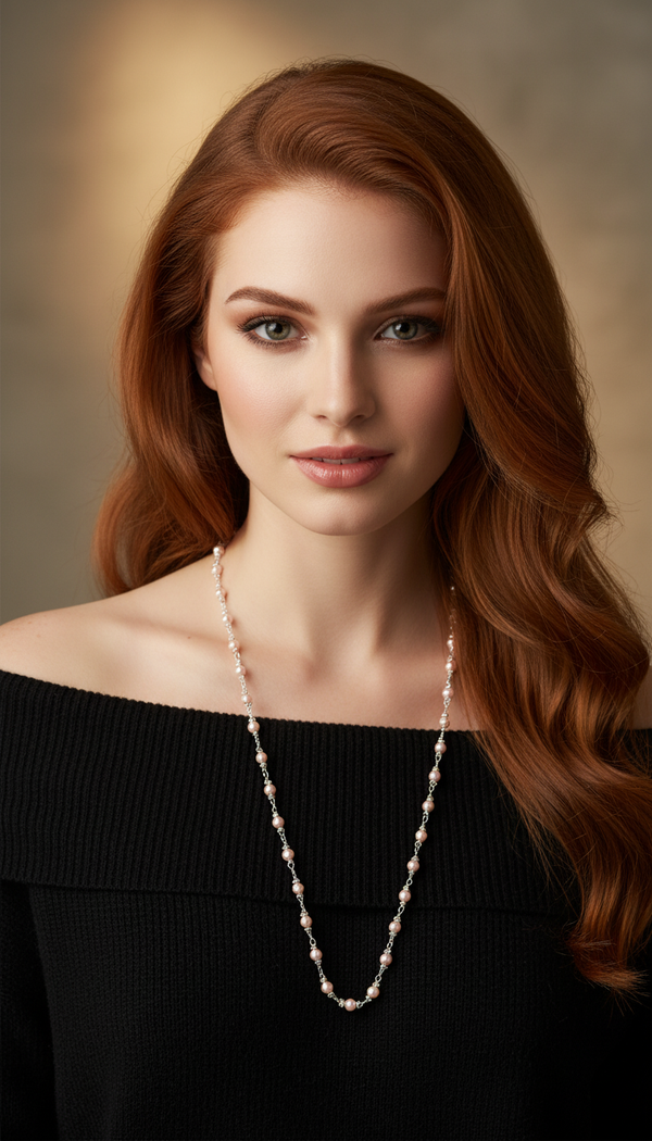 Pink Pearl and Pink Crystal Silver Link Necklace worn by model