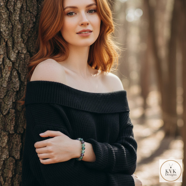 Fluorite Bead Stretch Bracelet worn by model with red hair and wearing a black off the shoulder sweater outside
"The model image in this listing was created with the assistance of AI tools."