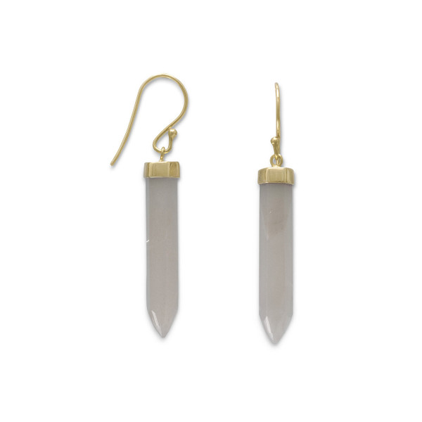 14 karat gold plated sterling silver french wire earrings with gray moonstone spike. The six sided moonstone spike is approximately 6mm x 30.5mm. The earrings hang 46mm.

.925 Sterling Silver