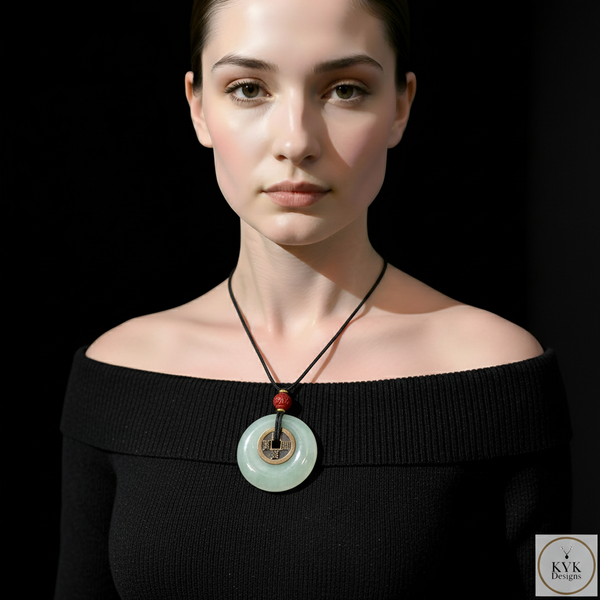 Model wearing Jade "Bi" Disc with I Ching Coin