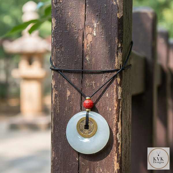 Jade Bi Disc with I Ching Coin hanging from an old post