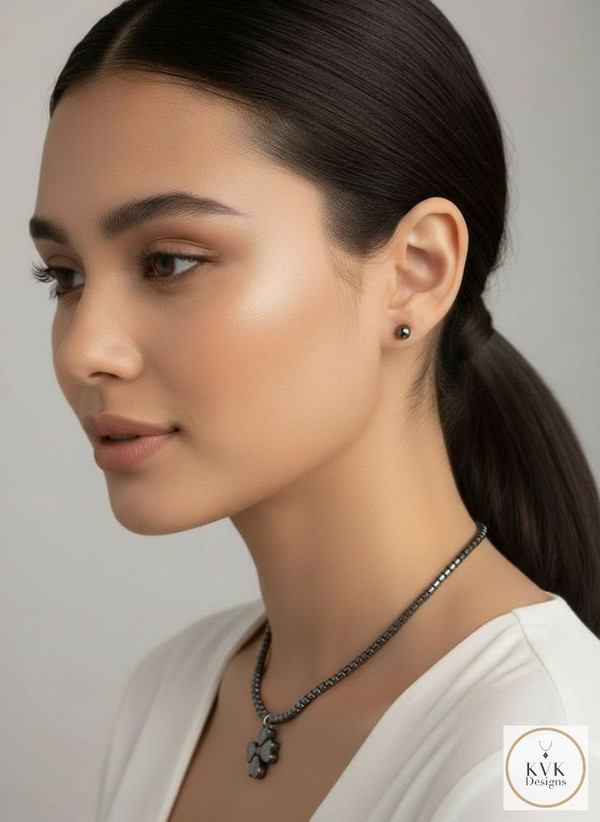 Dogwood Hematite Necklace worn on model side view