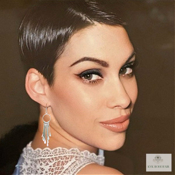 Sterling Silver Fringe Paddle Earrings worn by our model