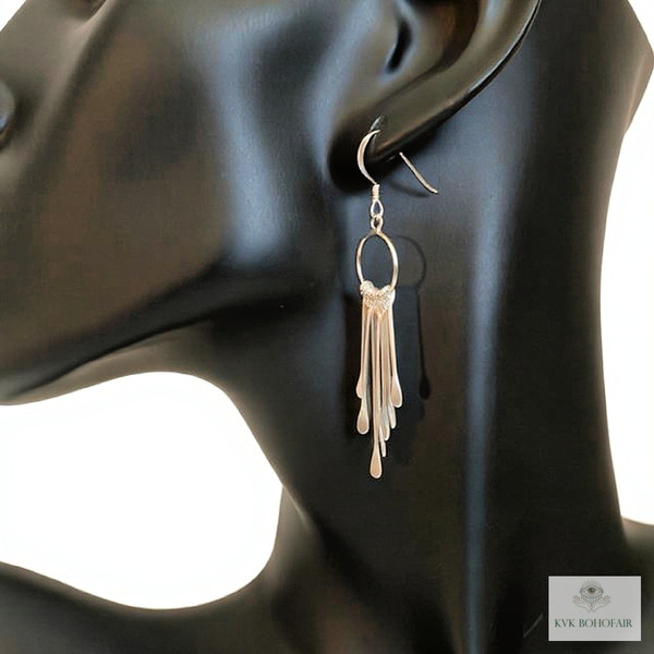 Sterling Silver Fringe Paddle Earrings closeup displayed on mannequin model
