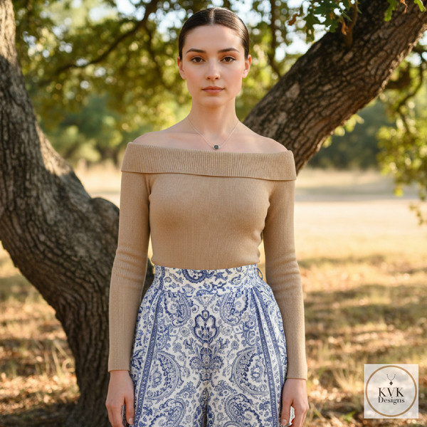 Labradorite Gemstone Necklace worn by model standing outside by a tree