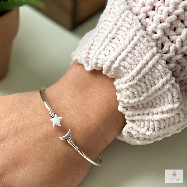 Star and Moon Silver Bangle Bracelet