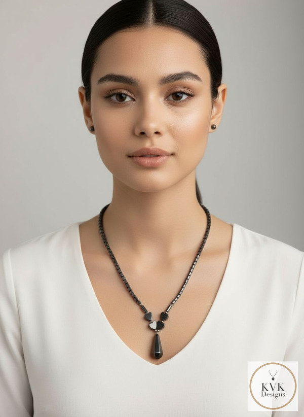 Fancy Hematite Necklace worn on model front view