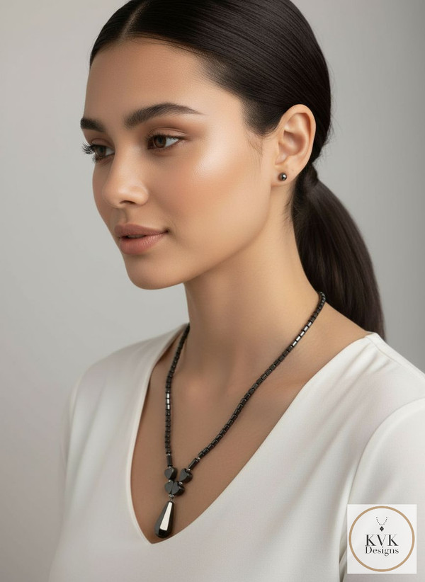 Fancy Hematite Necklace worn on model side view