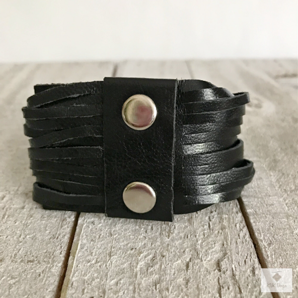 Black Leather & Silver Bar Wide Cuff Bracelet