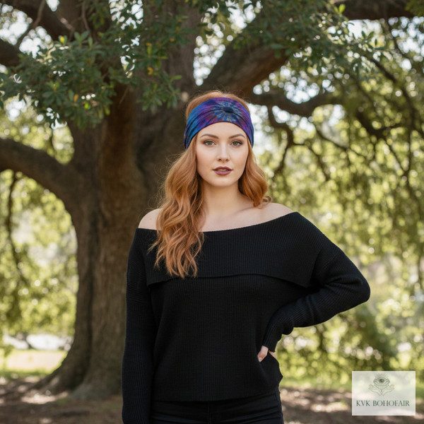 Model wearing our Dark Blue Tie Dye Headwrap
