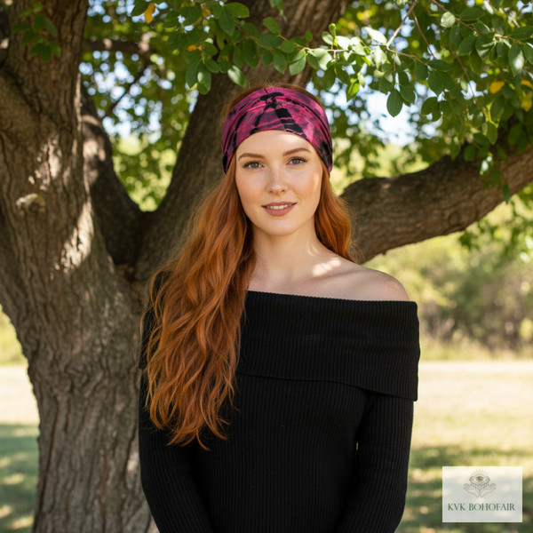 Model wearing Fuchsia Tie Dye Headwrap standing by a tree outside