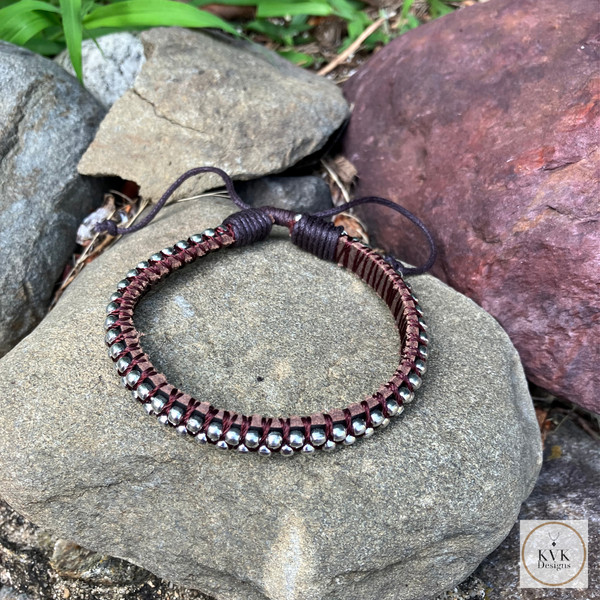 Mens Silver Bead Leather Bracelet