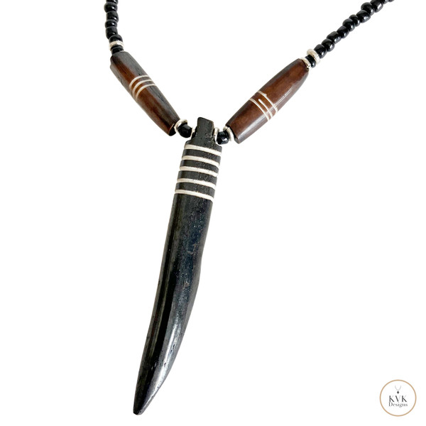 Brown Bone Tooth Pendant on Beaded Chain