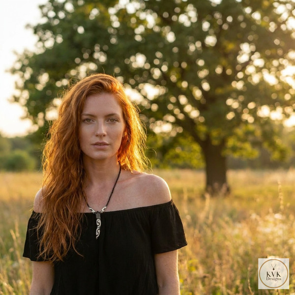 A woman with long red hair wearing an off-the-shoulder black top and pendant necklace stands in a sunlit field, with a large tree in the background. The scene appears calm and natural.