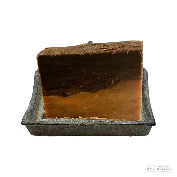Orange Chocolate Soap Bar sitting in vintage soap dish