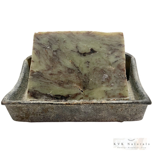 Chocolate Mint Soap Bar sitting in vintage soap dish