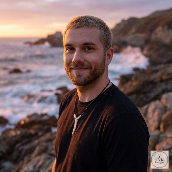 A man with short blond hair and a beard, wearing a black shirt and necklace, stands on rocky cliffs by the ocean at sunset, smiling at the camera. Waves crash onto the rocks, and the sky is tinged with orange and pink.