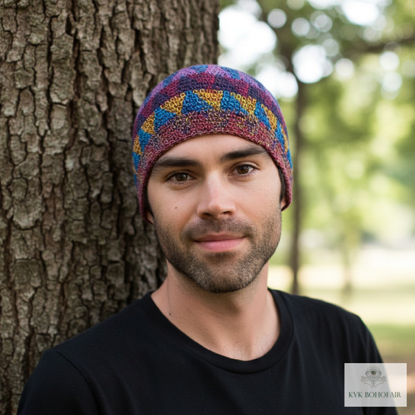 Model wearing Zig Zag Multi Color Kufi Skull Cap standing against a tree