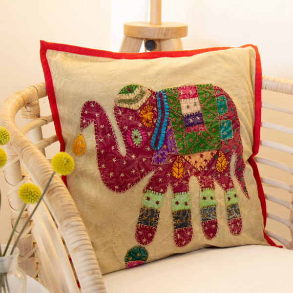 Upcycled Cotton Patchwork Elephant Pillow Cover with Insert