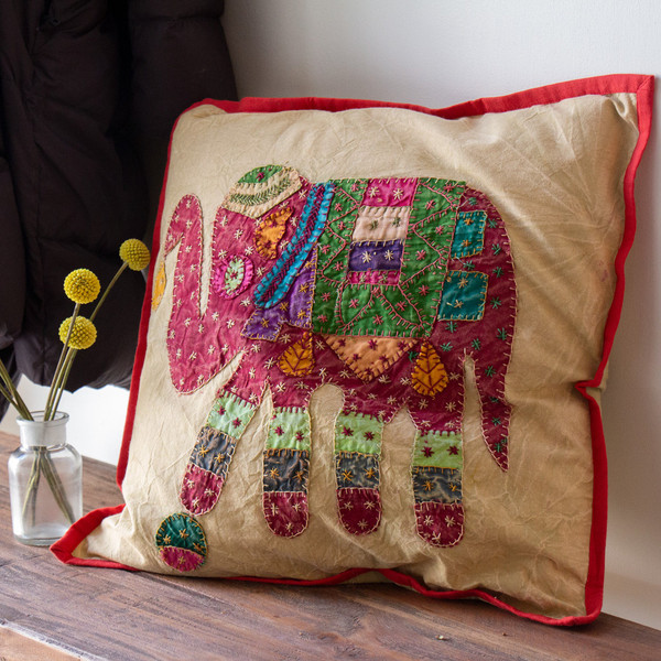 Upcycled Cotton Patchwork Elephant Pillow Cover with Insert