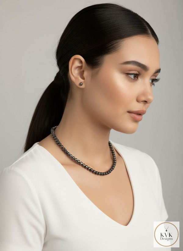 Faceted Hematite Bead Necklace worn on model side view