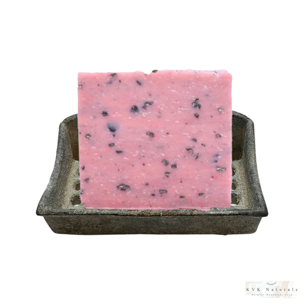 Lemonade Watermelon Soap Bar in antique soap dish
