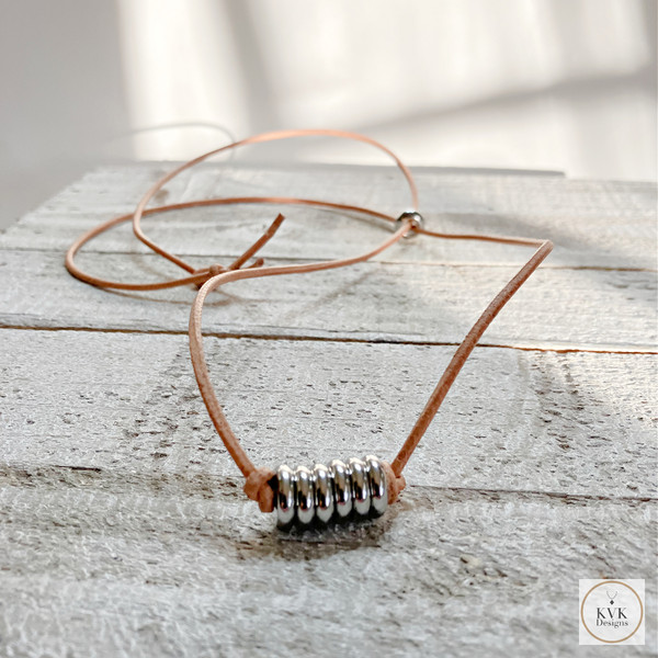 Boho Leather & Silver Bead Necklace - Adjustable Minimalist Style