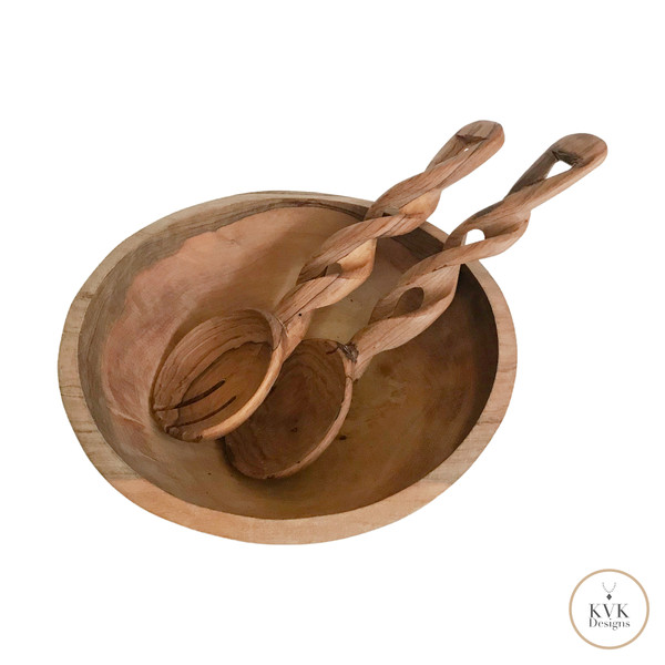 Rustic Braided Handle Serving Spoons sitting in olive wood bowl.