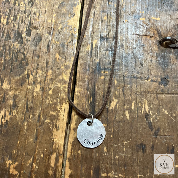 Silver Hammered Disc Pendant Necklace with 'COURAGE' Stamping