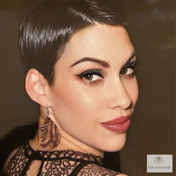 Model wearing our Brown Leather Teardrop Earrings