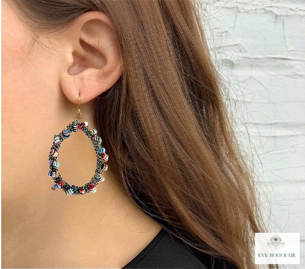 Model wearing our Colorful Teardrop Beaded Earrings